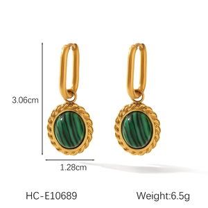 Detail showing dimensions of vintage gold twisted earrings with oval malachite stones