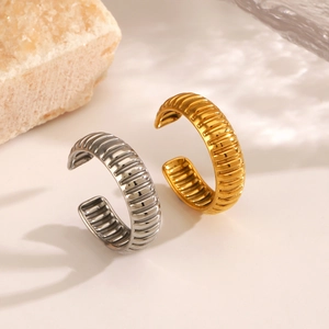 Adjustable gold and silver stainless steel ribbed open rings set with minimalist stripes