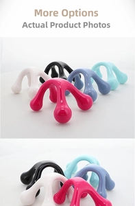 Detail view of colorful four-legged manual body massagers in smooth glossy plastic finish