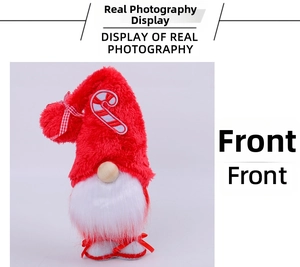 Detailed front view of a Christmas gnome doll with candy cane hat and white beard
