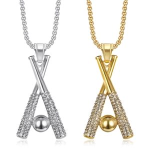 Hip Hop Stainless Steel Baseball Bat Pendant Necklace Rhinestone Pave Cross Baseball Pendant For Men Women Sports Jewelry