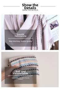 Close-up of pastel plaid scarf texture featuring soft fringes and a fine woven pattern