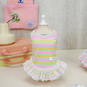 Detail of pet striped dress featuring white double-layer lace hem and pastel colors