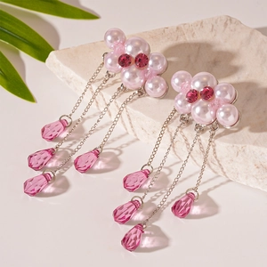 Pink Cloud Tassel Drop Earrings With Imitation Artificial Pearl Crystal Alloy And Silver Earring Post For Women Sweet Elegant