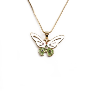 Elegant gold butterfly pendant necklace with white and green enamel and gemstones