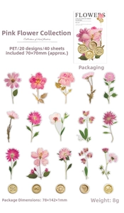 Detail view of pink floral PET stickers with gold wax seal elements for scrapbooking