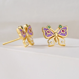 18K gold plated butterfly stud earrings with colorful enamel and zircon stones