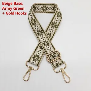Close-up of beige jacquard strap with green snowflake patterns and gold metal hooks