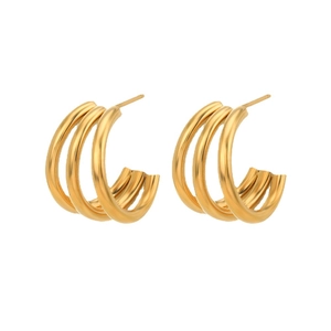 Three-layer hollow gold plated stainless steel C-shape hoop earrings for women on white