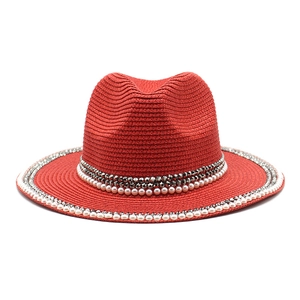 Red straw fedora hat for summer beach with white pearls and silver rivet decorations