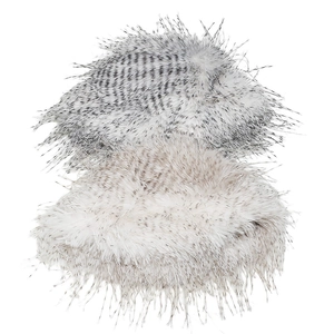 Detail showing two styles of fluffy faux fur hats in grey-black and light brown gradients