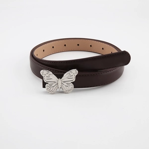 Vintage dark brown leather belt for women featuring a silver metal butterfly buckle