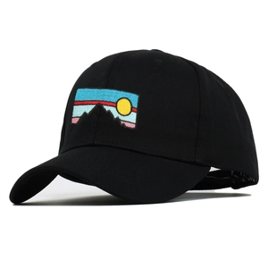 Classic black baseball cap with sunset mountain embroidery shown from a 45-degree angle