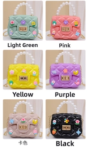 Detailed grid view of children's mini jelly bags with 3D cartoon charms in six colors