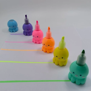 Detailed view of six colorful octopus-shaped highlighters with matching ink strokes