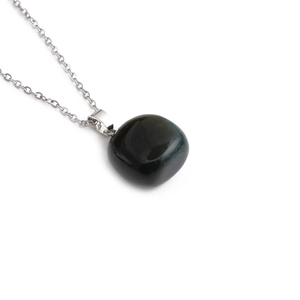 Minimalist silver chain necklace with a smooth black square natural stone pendant