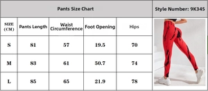 Detailed size chart for high waist seamless tie-dye yoga pants in various sizes