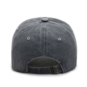 Washed distressed baseball cap with embroidery and adjustable metal buckle in charcoal grey