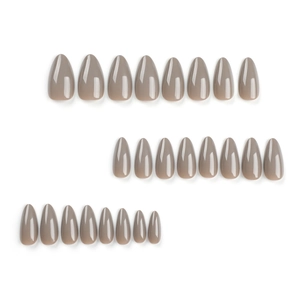Set of 24 classic glossy taupe almond shaped press-on nails on a clean white background