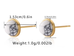 Detail view of gold-plated stud earrings with marble stone and size measurements