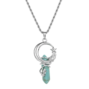 Vintage silver crescent moon and star pendant with turquoise hexagonal crystal on twist chain