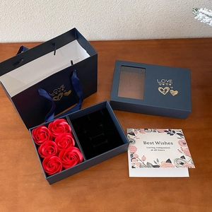Dark blue rose gift box set with six red soap flowers and golden Love text prints