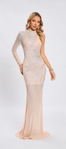 Close-up of sparkling rhinestones on mesh of a high-neck one-shoulder evening gown