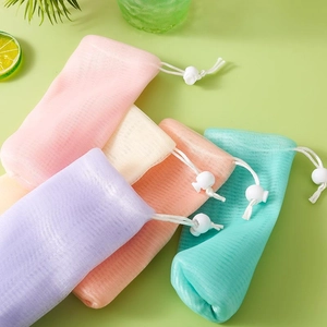 Macro shot of 6-layer thickened colorful mesh soap foaming bags with drawstring and toggle