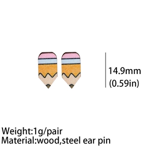 Boucles d'oreilles crayons colorées en bois pour enseignants, 14,9 mm et 1 g par paire