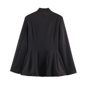 Elegant black peplum blazer for women with a pleated hem and slim fit waist design