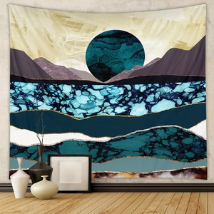 Detail of modern abstract tapestry featuring mountain landscape with marble texture and moon