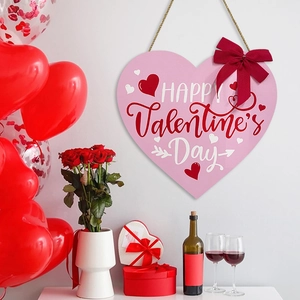 Happy Valentine's Day Heart Wooden Hanging Sign With Red Bow And Hemp Rope Pink Wall Door Decor Romantic Home Ornament