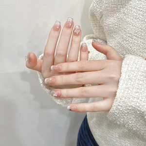Faux Ongles à Presser Faits à la Main Français Blush Oeil de Chat Dégradé Paillettes Argent Papillon Étoile Kit de Faux Ongles Femme