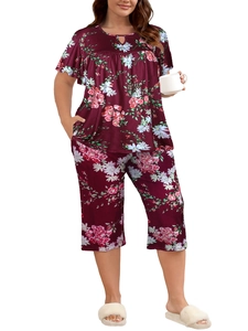 Close-up detail of burgundy plus size loungewear with heart floral print and keyhole neckline