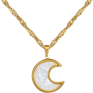 Minimalist titanium steel gold moon necklace with white shell inlay pendant for women