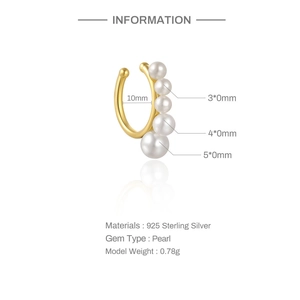 Macro detail of S925 sterling silver ear cuff with five graduated white pearls and dimensions