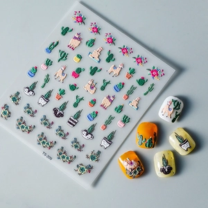 5D embossed nail art stickers with alpaca and cactus designs on various nail base colors