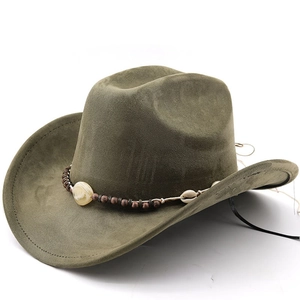 Western Cowboy Hat Suede Polyester Wide Brim Ethnic Band Wood Beads Shell Sun Protection Bohemian Fedora For Men Women