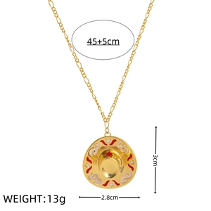 Gold necklace featuring a vintage sombrero hat pendant with red and white enamel details