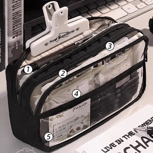 Three-layer clear pencil case in black fabric and PVC with multi-compartment storage
