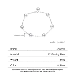 Elegant 925 sterling silver chain bracelet with eight 8mm lustrous white pearls