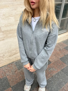 Grey American retro tracksuit set featuring Brooklyn letter print and zip-up hooded sweatshirt