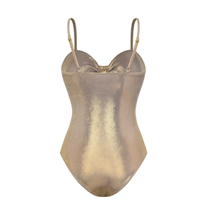 Close-up of champagne gold metallic one-piece swimsuit with spaghetti straps and heart neckline