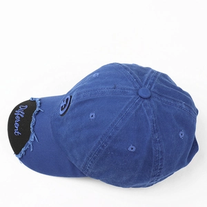 Detailed embroidery of Different text and distressed frayed brim on blue baseball cap