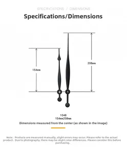 Macro detail of 1048 black metal clock hands with 154mm and 208mm measurement guides