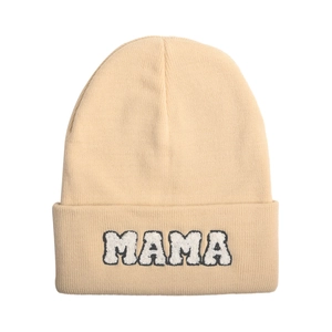 Beige knitted beanie with MAMA chenille letter patch for women in autumn winter