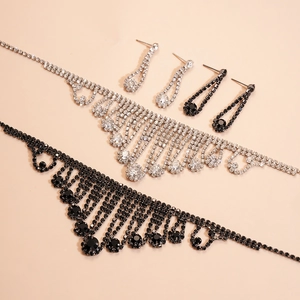Vintage layered tassel choker set with geometric rhinestones in silver and black colors