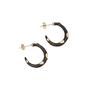 Modern black enamel hoop earrings with gold teardrop accents in stainless steel