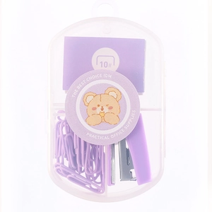 Pastel purple stationery set with mini stapler, paper clips and binder clips in clear box