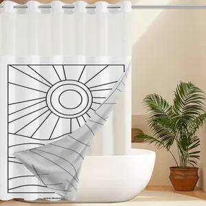 Détail du rideau de douche gaufré blanc avec imprimé soleil et vagues noir et blanc